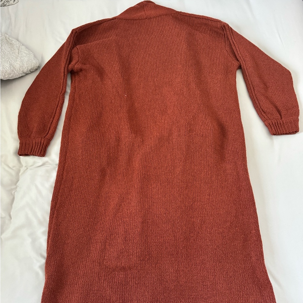 Rust-Red Long Open-Front Knit Cardigan - Picture 5 of 5
